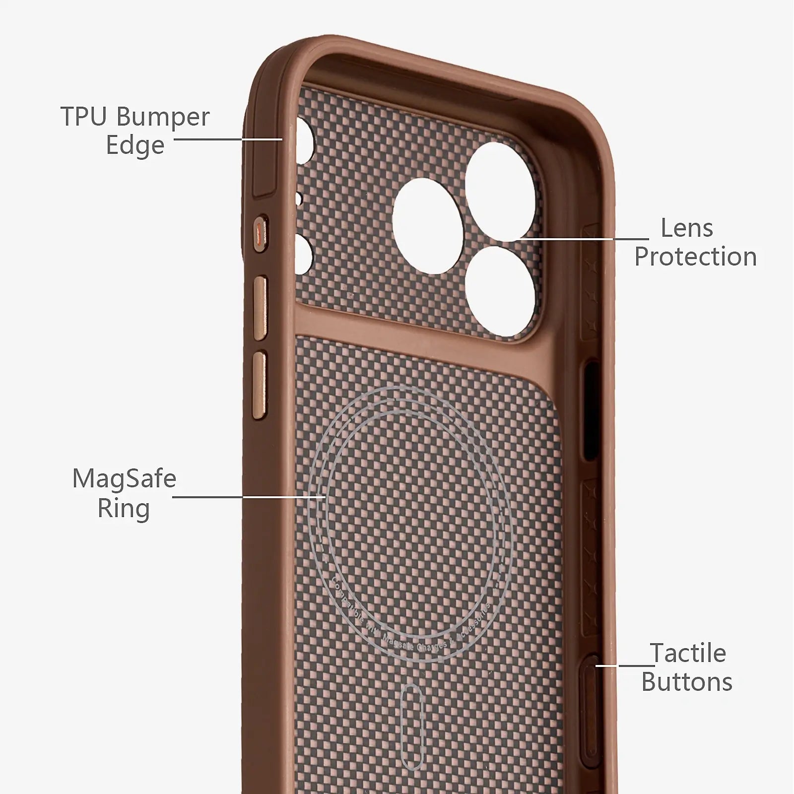Phone case with labeled features on a white background