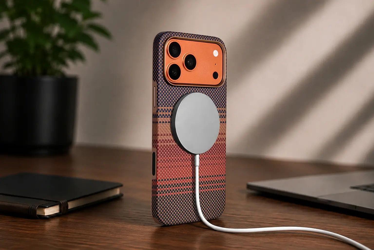 Phone case with magnetic charging cable on a desk