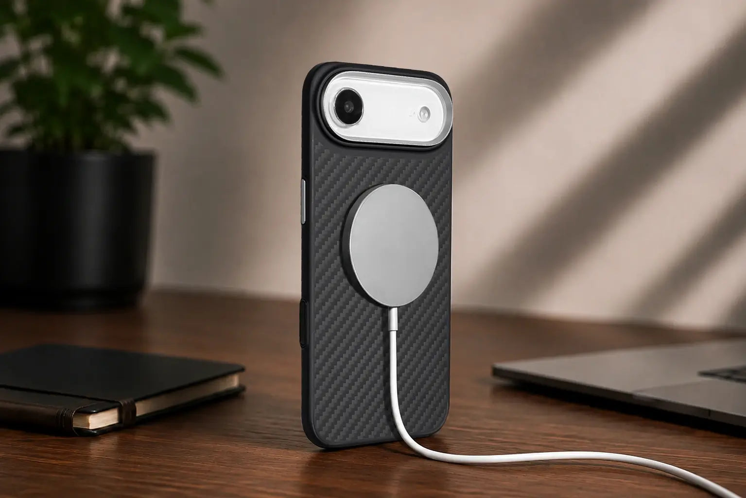 Phone case with magnetic charging pad on a desk with laptop and notebook