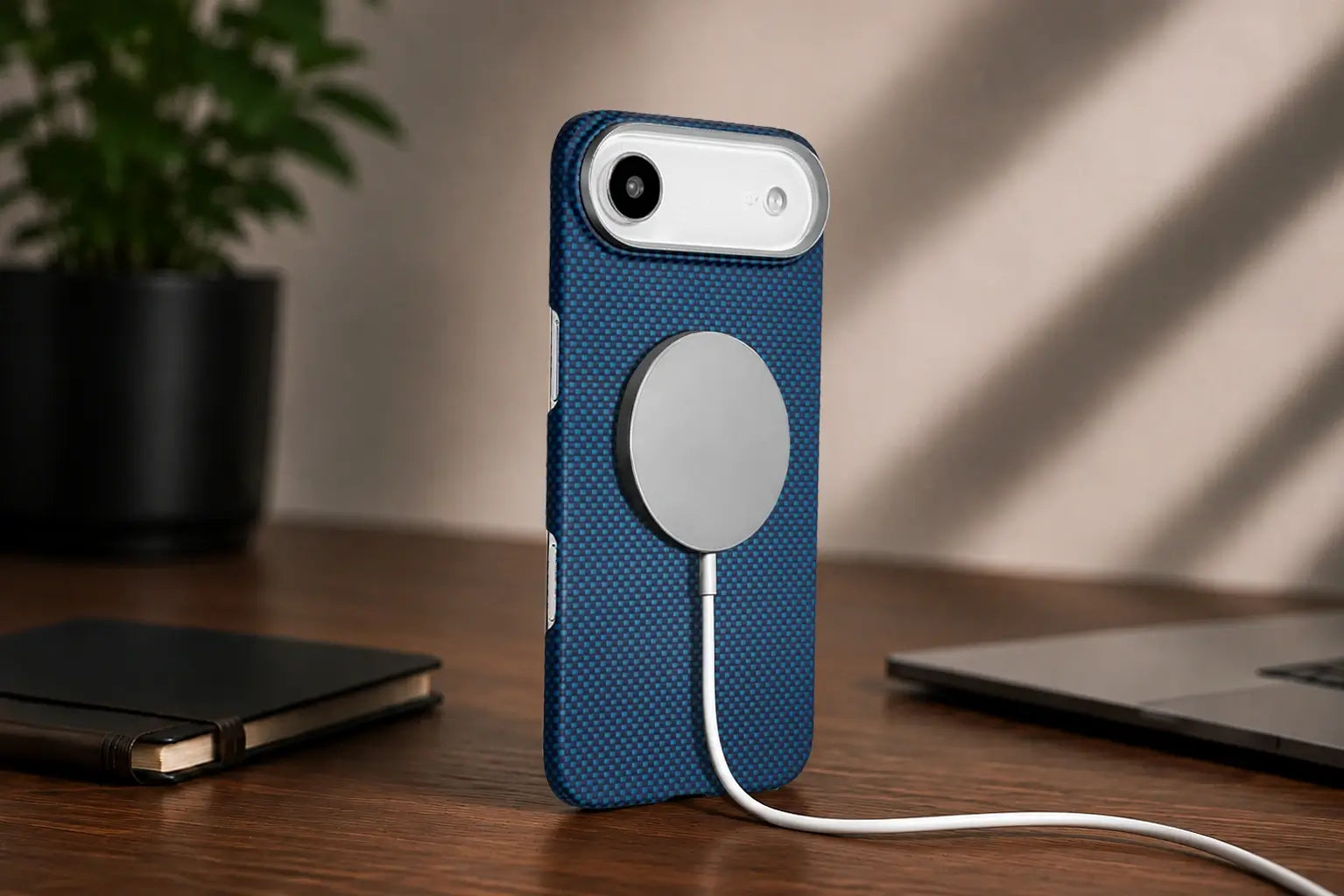 Blue phone case with magnetic charging pad on a wooden surface